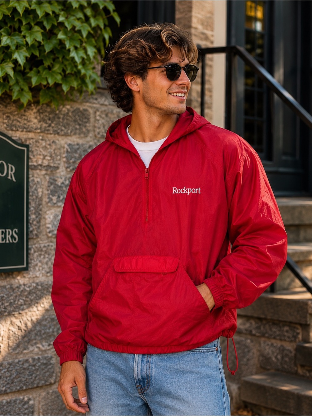 Vintage 90s Rockport Red Pullover Windbreaker Jacket Men’s XL Hooded Anorak